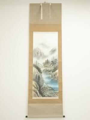 翠波筆　彩色山水　肉筆絹本掛軸（共箱）